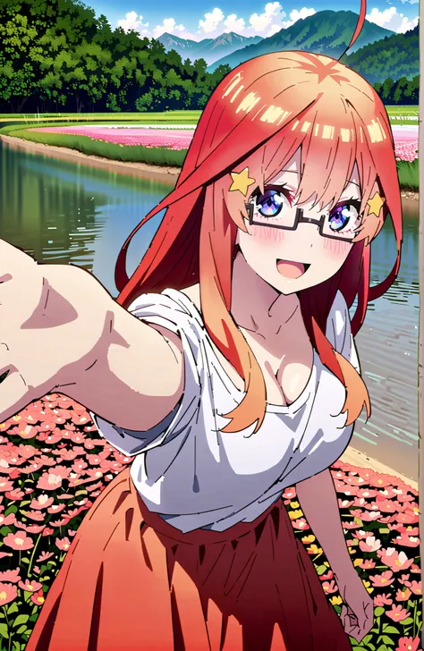 Nakano Mizuki , long hair, blue eyes, Hair Ornament, red hair,star (  symbol ), Half Rim Glasses, star Hair Ornament,Big Breasts,cleavage,smile,blush,open your mouth,white oversized t-shirt, one shoulder, red long skirt,sandals,is standing,Flower Field,riv...