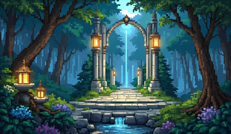 A magical, ancient elven temple nestled deep within a glowing forest at twilight. The temple is made of white stone and overgrown with vines and soft moss. Crystal lanterns float gently in the air, casting a soft golden-blue light. Elegant elven runes glow...