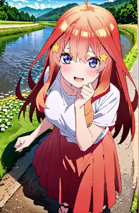 Nakano Mizuki , long hair, blue eyes, Hair Ornament, red hair,star (  symbol ), star Hair Ornament,Big Breasts,smile,blush,open your mouth,white oversized t-shirt, one shoulder, red long skirt,sandals,is standing,Flower Field,river,Mountain,noon,full bodyが...