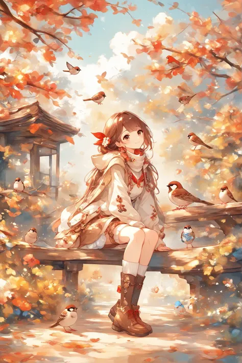 (masterpiece:1.2),top quality、Extremely Breathtaking Artwork、( absurd:1.2),beautiful details、best image quality、thin line art、watercolor style、Fufufu's Winter Sparrow、Cute birds 、Sunbasking Sparrow、Fufufu's Winter Sparrow has volume
