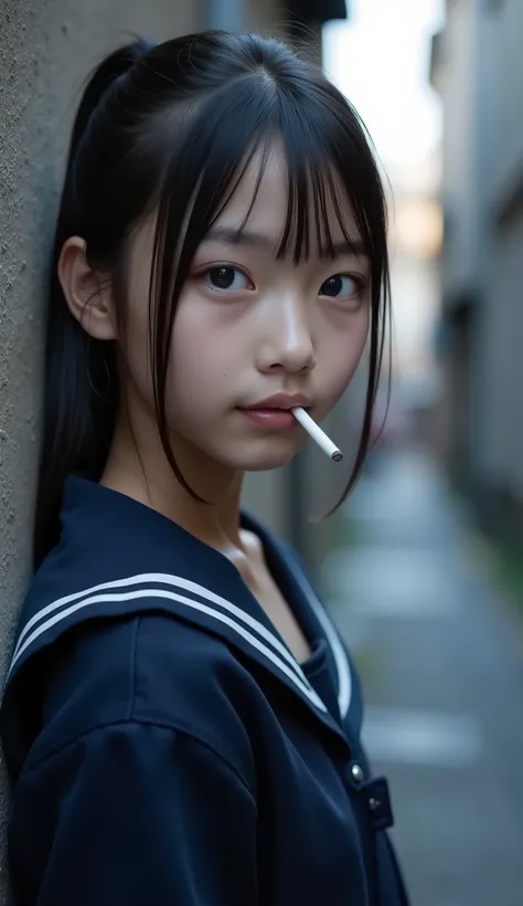 (8k), (best quality), (masterpiece:1.2), (realistic), RAW photo, (photorealistic:1.37), VERY DETAILED, Japanese girl, ((young girl)),(()), No makeup, ((Beautiful big eyes)), droopy eyes, ((Very beautiful hair)) , holding a cigarette in your mouth, entranc...