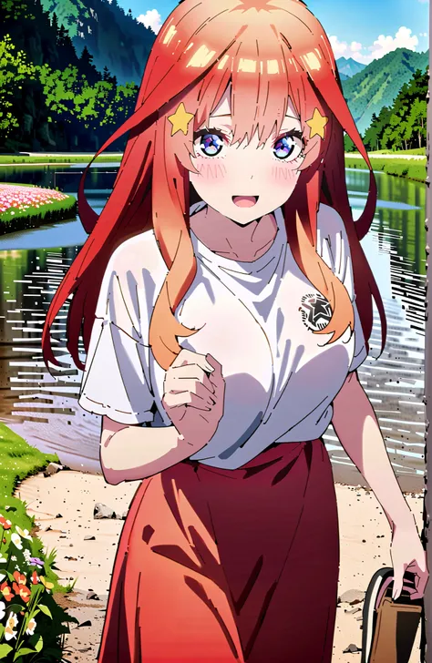 Nakano Mizuki , long hair, blue eyes, Hair Ornament, red hair,star (  symbol ), star Hair Ornament,Big Breasts,smile,blush,open your mouth,white oversized t-shirt, one shoulder, red long skirt,sandals,is standing,Flower Field,river,Mountain,noon,full bodyが...