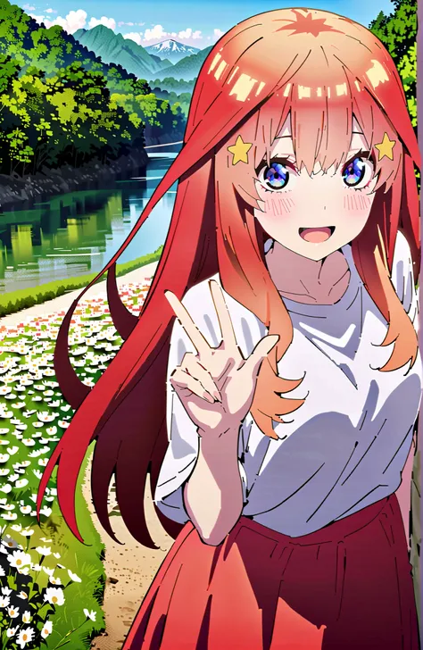 Nakano Mizuki , long hair, blue eyes, Hair Ornament, red hair,star (  symbol ), star Hair Ornament,Big Breasts,smile,blush,open your mouth,white oversized t-shirt, one shoulder, red long skirt,sandals,is standing,Flower Field,river,Mountain,noon,full bodyが...