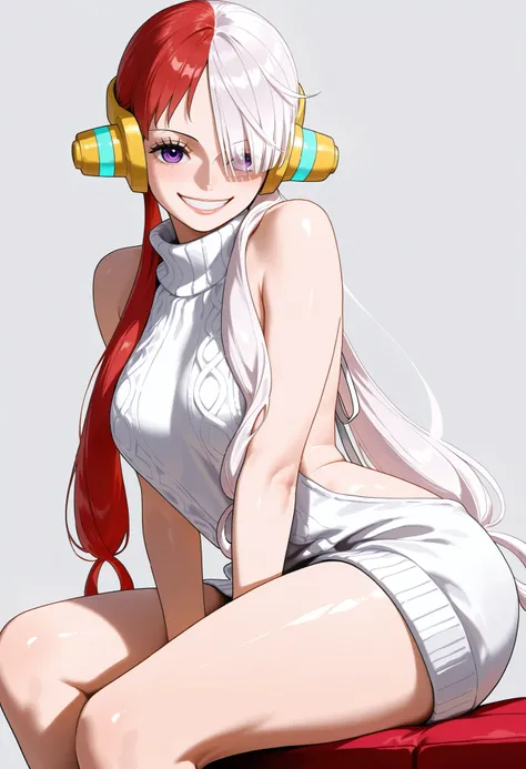 masterpiece, best quality, amazing quality, Sharp images, bright colors, beautiful light and shadows, 1girl, (Uta , one piece, purple eyes, red and white hair), wearing white virgin killer sweater, very happy smile, medium up shot, simple background, medi...