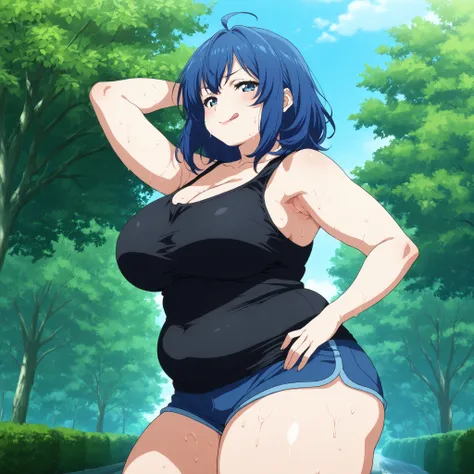 score_9, score_8_up, score_7_up, source_anime, anime screencap, outdoors, day, park, 1girl, solo, anna yanami, medium hair, blue eyes, ahoge, blue hair, cleavage, collarbone, tank top, black tank top, sleeveless, bare shoulders, bare arms, looking at viewe...