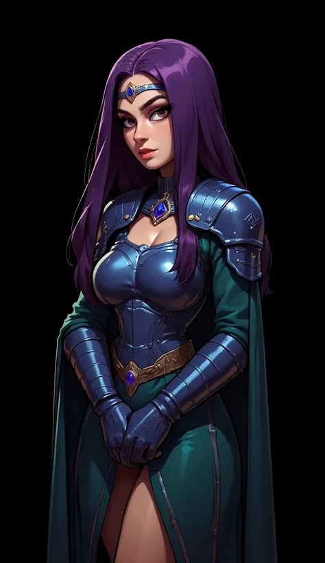 cflxcrtn3, ((realistic sweater)), best quality, 4k, extremely detailed, Masterpiece, (((mysterious knight girl))), TANNED SKIN, straight flowing hair, dark purple hair, (dark purple metal armor, Plate gloves, dark green tiled skirt,pelvic curtain, dark bl...