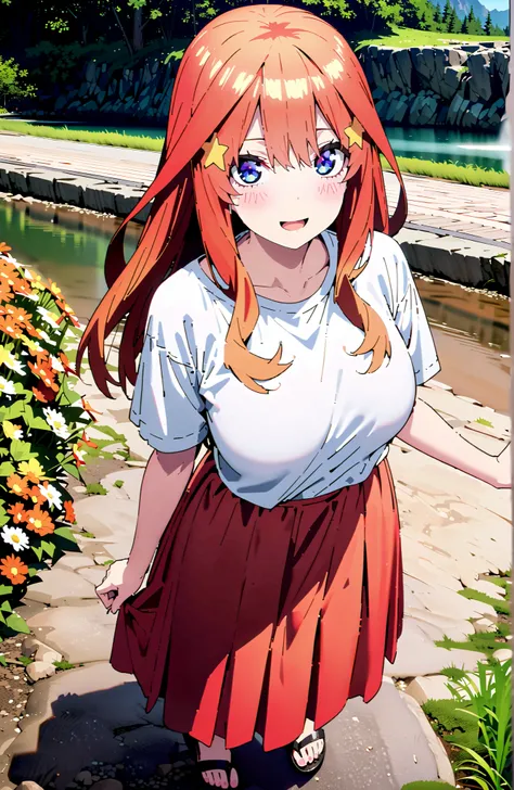 Nakano Mizuki , long hair, blue eyes, Hair Ornament, red hair,star (  symbol ), Half Rim Glasses, star Hair Ornament,Big Breasts,smile,blush,open your mouth,white oversized t-shirt, one shoulder, red long skirt,sandals,is standing,Flower Field,river,Mounta...