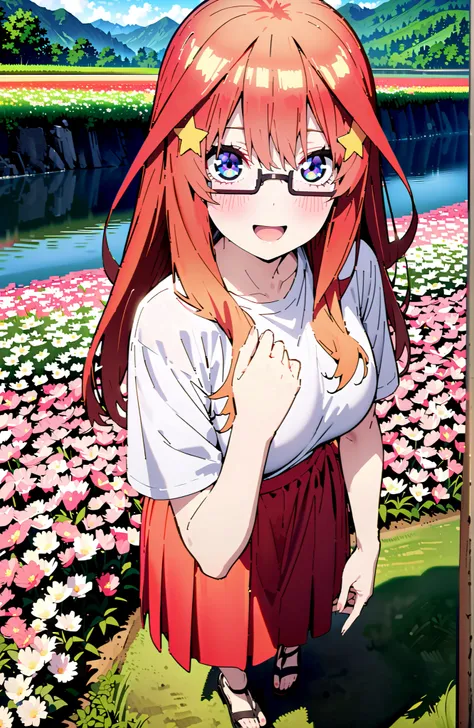 Nakano Mizuki , long hair, blue eyes, Hair Ornament, red hair,star (  symbol ), Half Rim Glasses, star Hair Ornament,Big Breasts,smile,blush,open your mouth,white oversized t-shirt, one shoulder, red long skirt,sandals,is standing,Flower Field,river,Mounta...