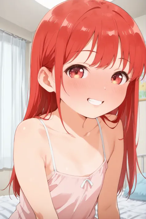 (close up of face:1.5),upper body shot,1 girl,solo,red hair,long hair straight hair,grin,smile,nsfw, light red camisole,blush,red eyes,full face blush,,open mouth,sitting on the bed,curtain room,looking at viewer,toddler body 