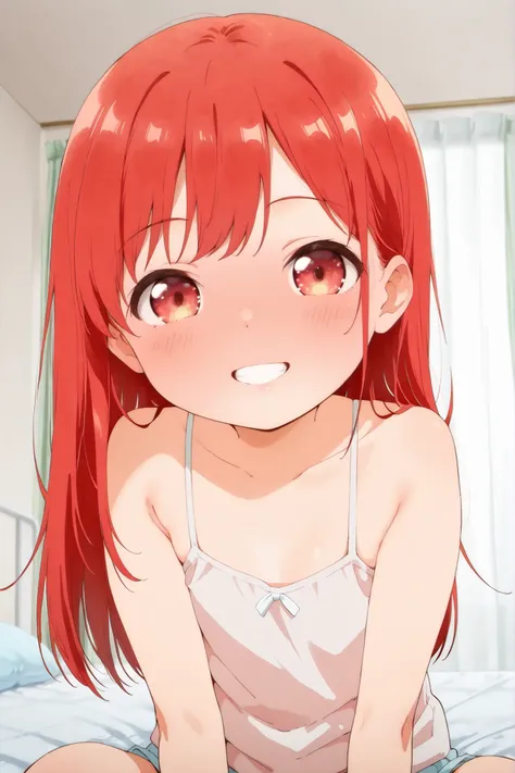 (close up of face:1.5),upper body shot,1 girl,solo,red hair,long hair straight hair,grin,smile,nsfw, light red camisole,blush,red eyes,full face blush,,open mouth,sitting on the bed,curtain room,looking at viewer,toddler body ,v sign