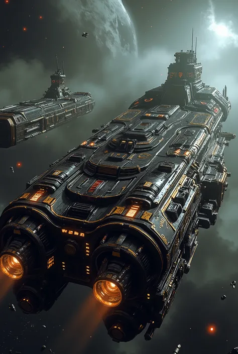 "A hyper-detailed, cinematic portrayal of massive Gothic steampunk star battleships in the grimdark style of Warhammer 40k, captured in ultra-realistic 32k resolution. The battleships have a Gothic-mechanical long, Tetragonal prism-shaped hull, with an Cat...