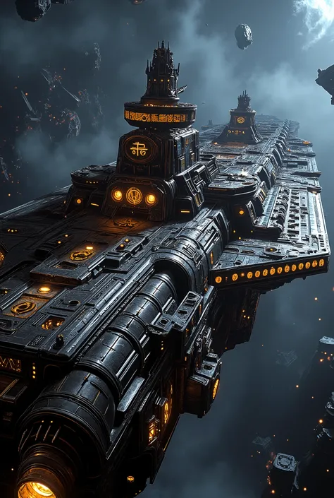 "A hyper-detailed, cinematic portrayal of massive Gothic steampunk star battleships in the grimdark style of Warhammer 40k, captured in ultra-realistic 32k resolution. The battleships have a Gothic-mechanical long, Tetragonal prism-shaped hull, with an Cat...