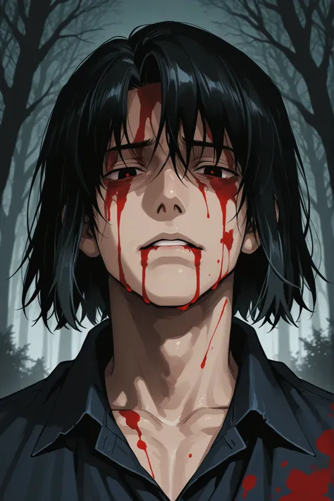 Show in the anime theme the image of the face of a black-haired man, the face has blood stains and his right lip has wounds and the background of the image is a dark forest