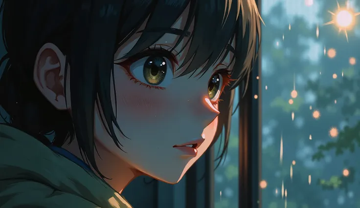 "A close-up of a thoughtful young person staring into the distance with subtle rain on a window behind them. Soft cinematic lighting, introspective mood, ambient reflections."