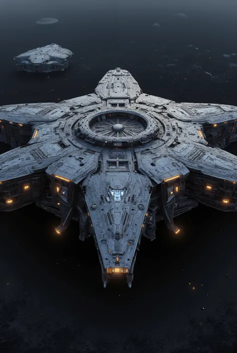 "A hyper-detailed, cinematic portrayal of massive Gothic steampunk star citadel in the grimdark style of Warhammer 40k, captured in ultra-realistic 32k resolution. The battleships have a star Hexagram-shaped hull, with an imposing bridge and enormous gun t...