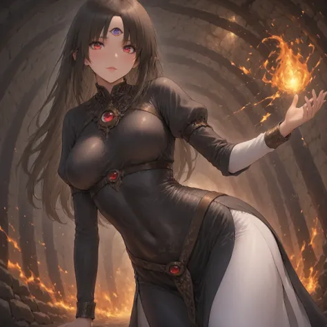 ((Best Quality)),( super high definition),(Super detailed),( detailed description ),((The best CG)),(masterpiece), dark dungeon,dark cave,lanthorn,adventurer,
A third eye on the forehead, flame magic shooting to forward