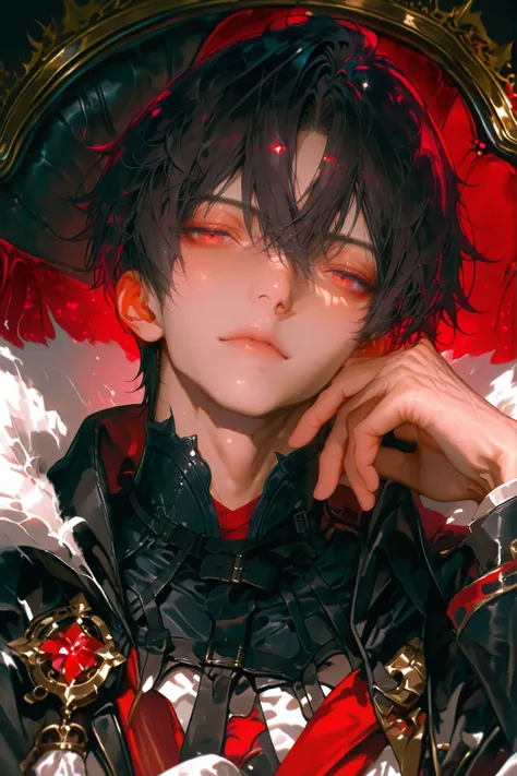 masterpiece, best quality, (Detailed Eyes: 1.2), boy, male, red eye, black hair, semi realistic, black medieval suit with crimson color accessories, looking at viewer, emotionless face, solo character, resting him chin on the right hand, upper body, sittin...