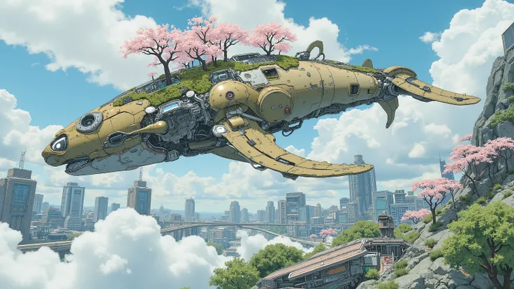 (masterpiece:1.3, top quality:1.3, detailed description:1.3, high quality:1.3),(1huge Robot whale\Metal body, trees of cherry blossom on the whale's back, Beautiful luster, beautiful metal details, precision machinery, moss growing, There are buildings and...