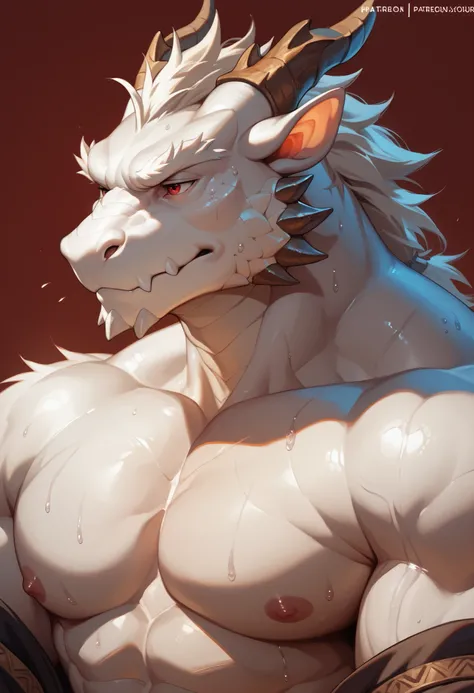 dragon,White body, scale , male,furry,( red eyes), scale , handsome,simple background, unhappy,Strong,muscles,sweat,medieval, mature,facial details, detailed eyes, 