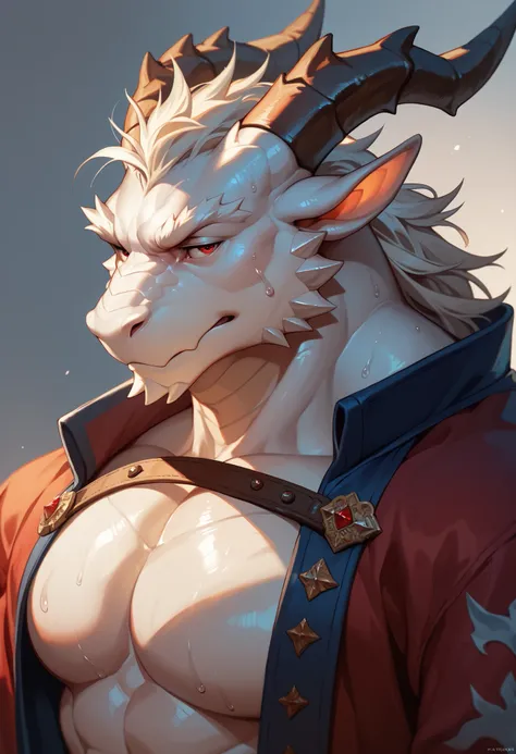dragon,White body, scale , male,furry,( red eyes), scale , handsome,simple background, unhappy,Strong,muscles,sweat,medieval, mature,facial details, detailed eyes, 