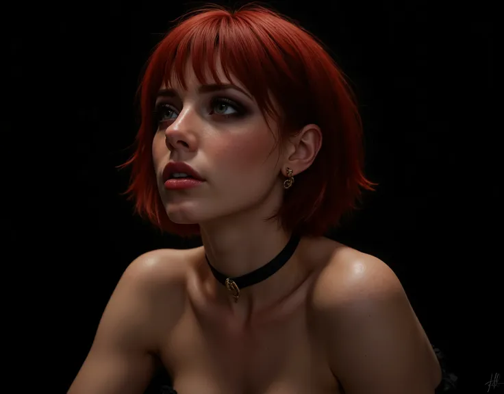 Her name is Lilith. She is the vivid expression of defeat, she is sad and rejected. Her hair is short and cut in a bob style, a fiery red with bangs, detailed hair, very sexy scalded hair. She is beautiful, wears gothic makeup and her eyes look at the came...
