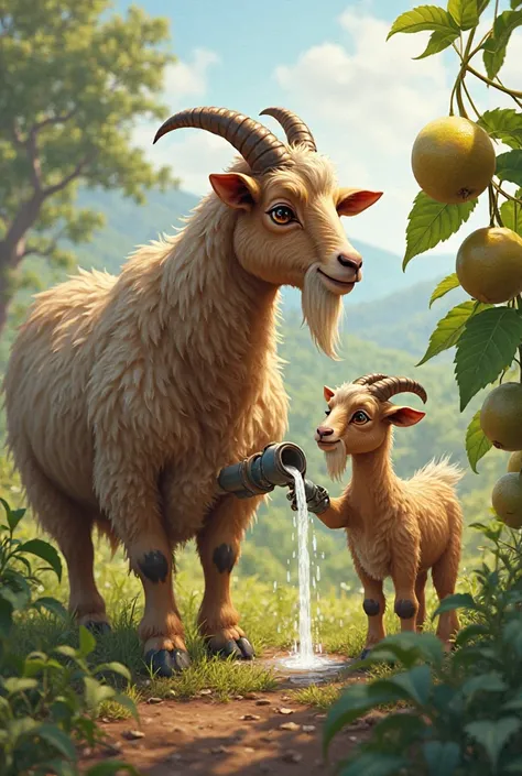 
"A big goat and her little  are watering a guava plant with a pipe in their hands."
