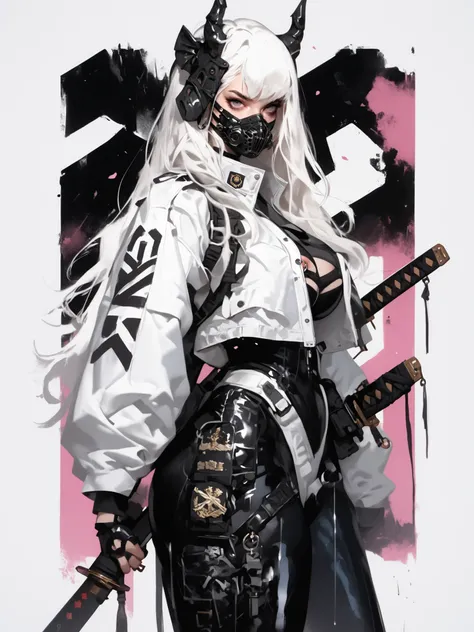 a feminine character wearing an army uniform holding two guns in her hands, weapon, 1girl, sword, katana, solo, mask, huge breasts, nipples, nipple rings, long hair, white hair, horns, holding, looking at viewer, jacket, bodysuit, sheath, gloves, white jac...