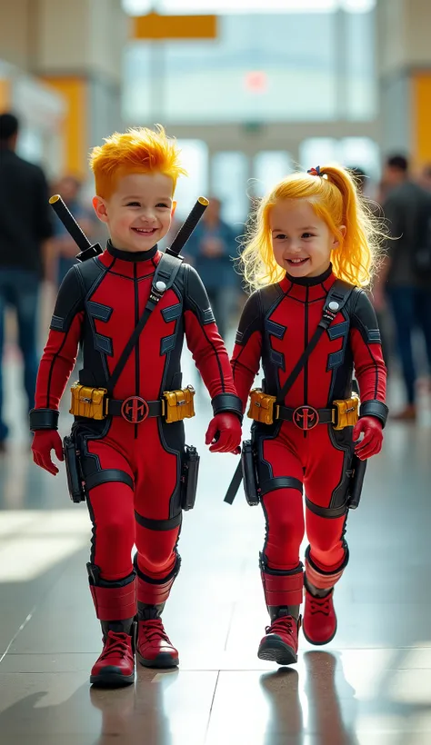 character: baby boy yellow hair, and baby girl yellow hair.
action: Walk straight and look straight ahead.
Expression : smiling.
Costume : They wear tight red Deadpool suits with futuristic accents of yellow, blue, white, gold. Two katana swords on bot...