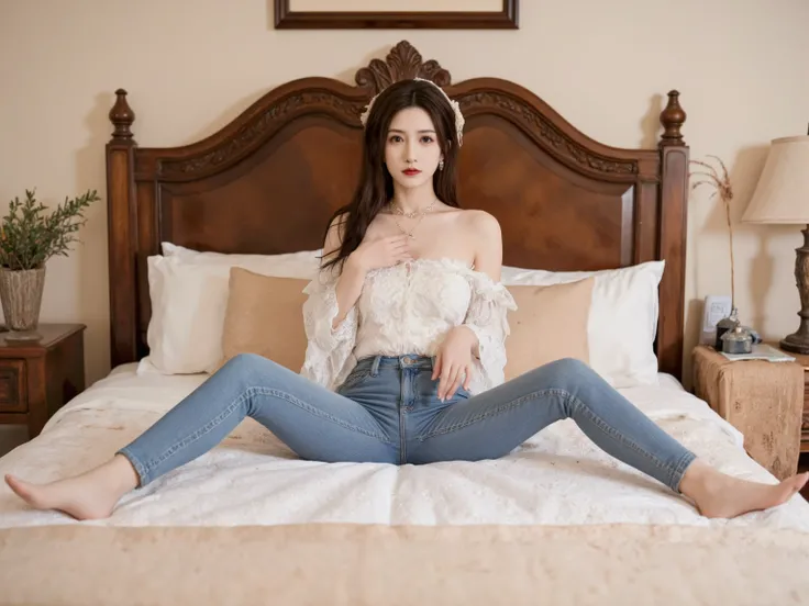 A 20 year old beautiful black long-haired Asian girl， sits on the bedroom bed，wears an elegant white strapless shirt, skinny jeans with small feet above,Very Sexy，jeans wrap her lower body tightly，creates an atmospheric cinematic beauty between the legs, t...