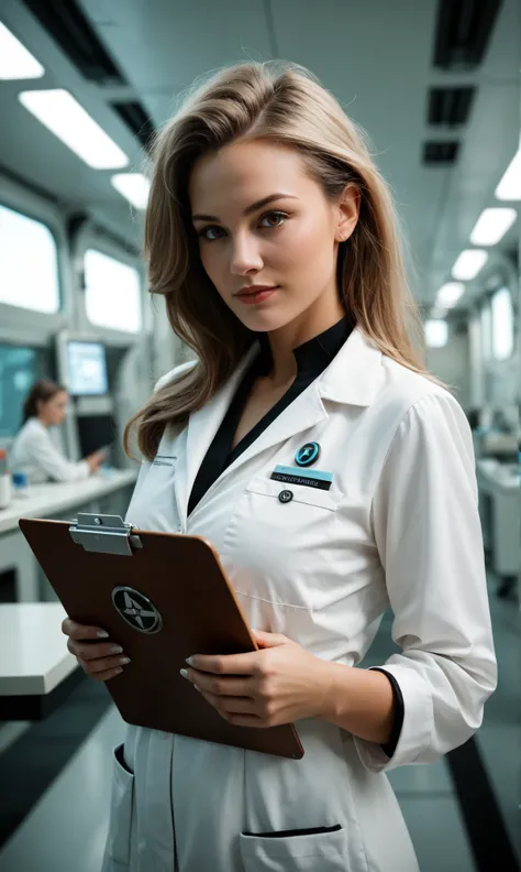 Futuristic girl, light brown hair, elongated dark brown eyes, pele branca, wears a futuristic scientist outfit, She's looking at the observer , she is holding a clipboard , extremely detailed realistic style image 4k