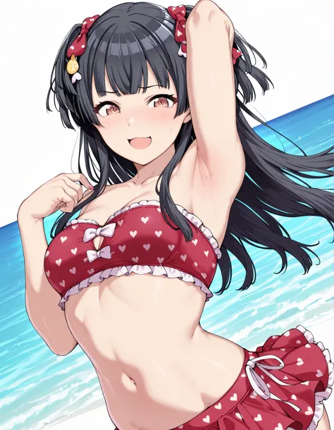 masterpiece,best quality,newest,1girl,solo,Alp,

mayuzumi_fuyuko,  (brown eyes:1.3),black hair, (brown eyes:1.5), long hair, two side up,bikini, bikini skirt, frilled bikini, frills, heart, heart print, navel, print bikini, red bikini, swimsuit,(bandeau bi...