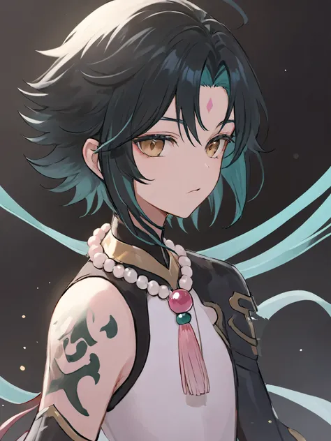 ultra-detailed,(best quality),((masterpiece)),(highres),original,extremely,(\xiao\),1boy, solo, male SOLO woman.. jewelry, gloves, beads, bead necklace, ahoge, bangs,tassel, woman body hair: wavy short Hair color: with short black hair and inner pink hair...