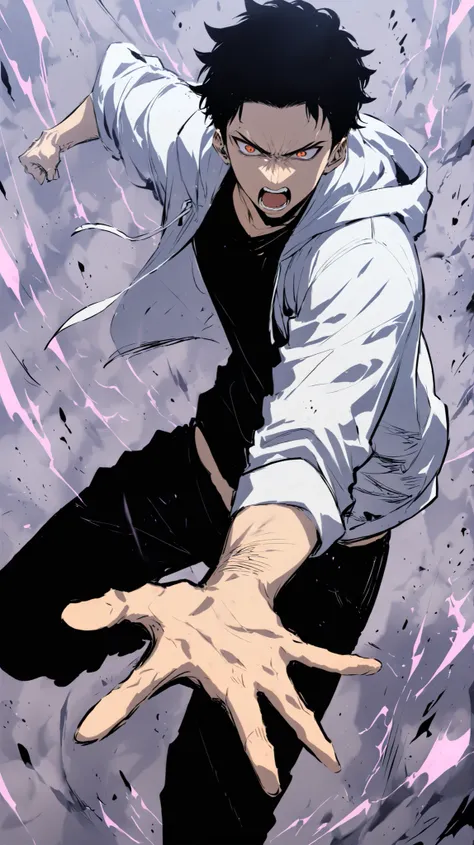 Handsome, Athletic, alone, male, Short spicky hair, black hair, black orange eyes, black t-shirt, white oversized hoodies jacket, Sleeves rolled up, black pants, , intricate sketch, angry expressive eyes nose and mouth, battle fighting motion