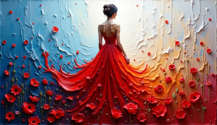 painting of a woman in a flowing red dress, blue and white background with poppies at the bottom, Lots of poppies, intricate oil  painting artwork,  Detailed oil painting in 4K, detailed painting 4K, intricate and intense oil paint, artistic painting, oil ...