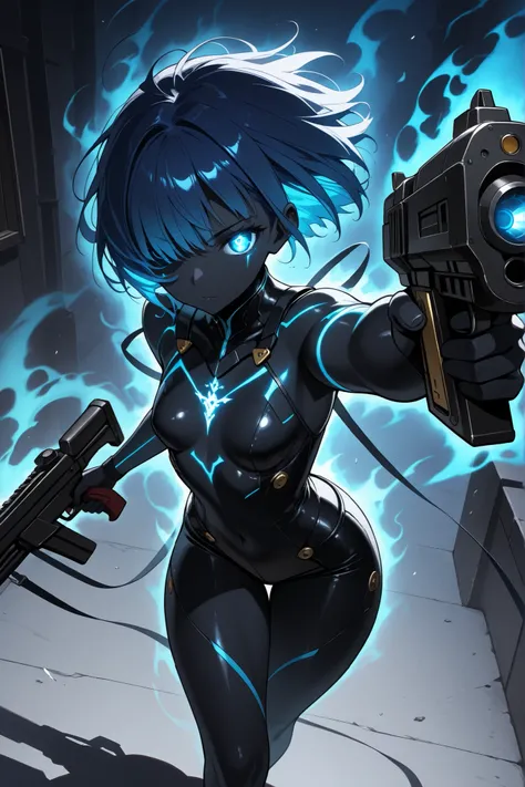 (masterpiece),(absurdres),(ultra detailed),(beautiful detaile),(closeup,   guns shot stance、holding machine guns、gunfire,dynamic angle,looking viewer,,shadow,silver aura、glowing eyes,),(shadow、glowing、aura、black skin、glowing skin、aura skin、mist、void、dark f...