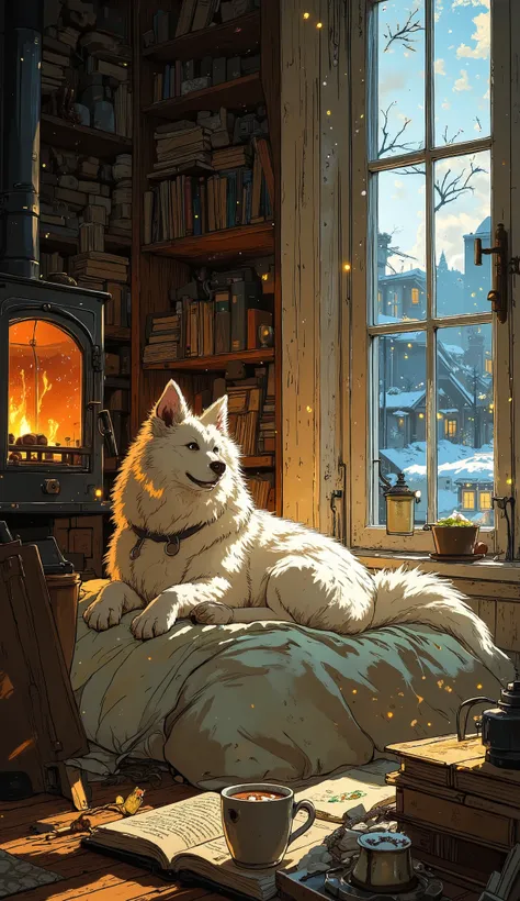 "A fluffy Samoyed sits curled up on a soft, oversized cushion by a frost-covered window, watching snowflakes gently fall outside. A warm glow from a fireplace flickers in the background, casting soft, golden light across the wooden floor. A mug of hot coco...
