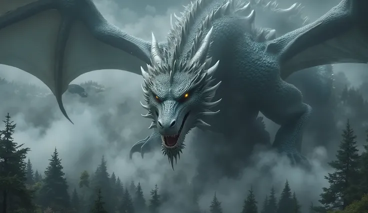 A huge dragon, shrouded in mist, soars in the sky above the dark forest