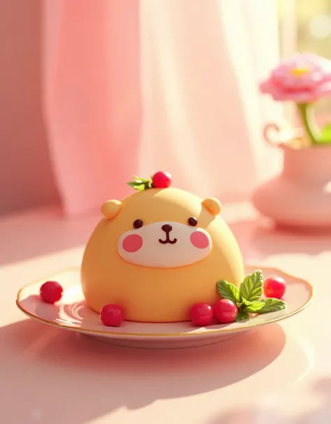 (masterpiece:1.2,top quality, Ultra High Resolution ,VERY DETAILED, RAW photos ,photorealistic),3D illustration of capybaras made with creamy, translucent Bavaro print。A super cute, San-X style character,placed on a shiny dessert plate、soft light is refle...