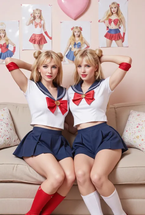 Create an image based on the following criteria:

##Conditions:
- [Style]: Realistic photo
- [People]: Beautiful fair-skinned 20-year-old twin girls, one Ivanka and the other Taylor
- [Hairstyle]: Very long straight blonde hair, two buns, twin tails
- [Clo...