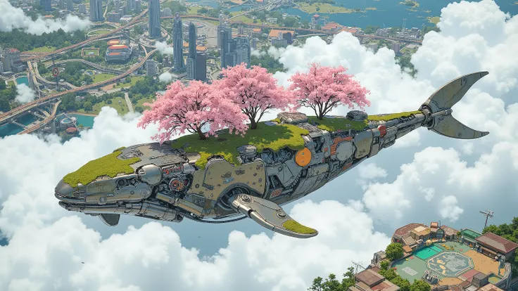 (masterpiece:1.3, top quality:1.3, detailed description:1.3, high quality:1.3),(1huge Robot whale\Metal body, trees of cherry blossom on the whale's back, Beautiful luster, beautiful metal details, precision machinery, moss growing, There are buildings and...