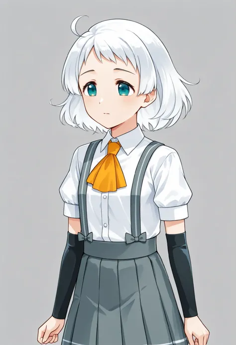Natsugumo KC, white hair,short hair, white shirt, Short sleeve, pleated skirt,collared shirt, dress shirt, suspenders, Grey Skirt,Arm Warmers, suspendersスカート,  Orange Ascot ,
