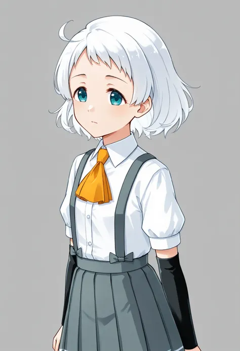 Natsugumo KC, white hair,short hair, white shirt, Short sleeve, pleated skirt,collared shirt, dress shirt, suspenders, Grey Skirt,Arm Warmers, suspendersスカート,  Orange Ascot ,