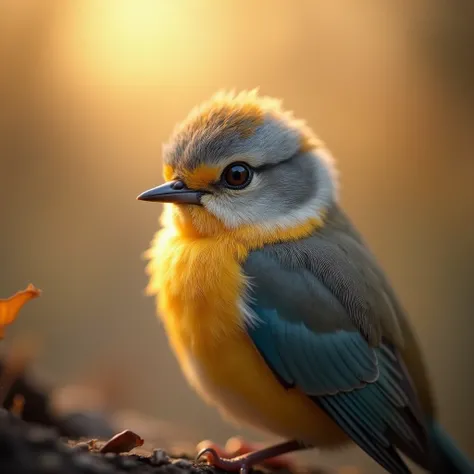 A mesmerizing close-up portrait of a gorgeous little bird illuminated by the soft, golden light of a tranquil morning, with vibrant bokeh balls gently framing its delicate form.