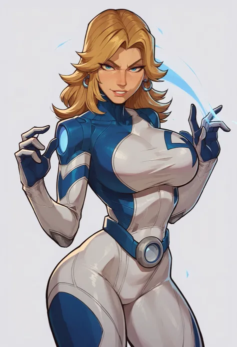 score_9, score_8_up, score_7_up, score_6_up, expressiveh, invisiblewoman_rivals, 1girl, solo, blonde hair, long hair, eyeliner, blue eyes, earrings, bodysuit, white bodysuit, white clothes, gloves, belt, blue details,  looking at viewer, detailed backgroun...