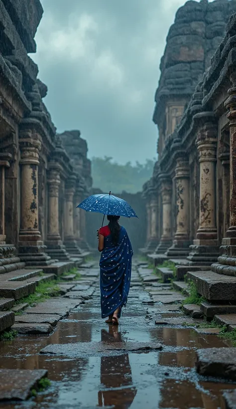 Beneath a canopy of monsoon clouds, the ancient ruins of Hampi breathe in silence. Giant boulders stacked like forgotten memories surround an open stone mandapa, where rainwater pools into mirrored reflections of broken pillars and faded carvings. In the...