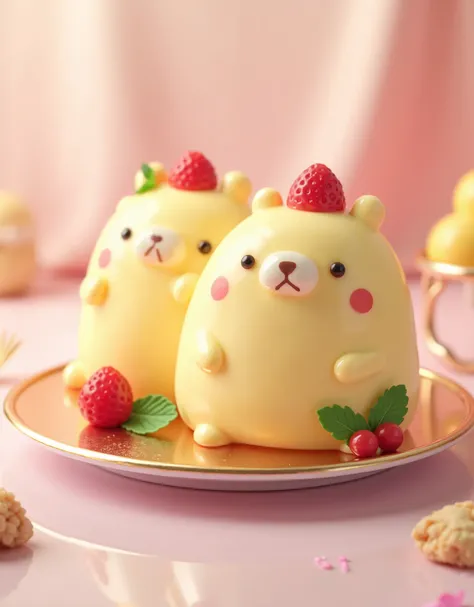 (masterpiece:1.2,top quality, Ultra High Resolution ,VERY DETAILED, RAW photos ,photorealistic),Capybaras made with creamy, translucent Bavarian pudding。A super cute, San-X style character,placed on a shiny dessert plate、soft light is reflected on the sway...