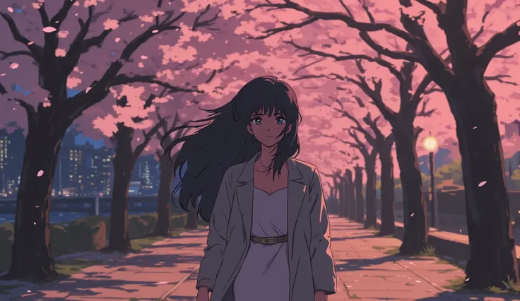An anime-style illustration of a refined young woman standing alone under blooming cherry blossoms at night. She has long flowing black hair, slightly tousled by the night breeze, and wears a light coat over a soft blouse and skirt. Her eyes are gazing int...