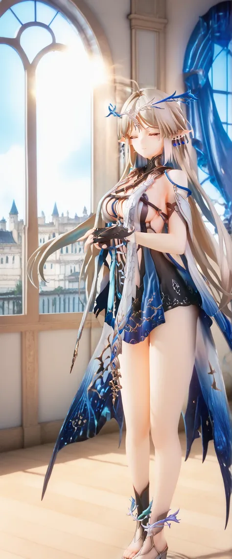 Fullbody, head to toe, score_9, score_8_up, score_7_up, source_anime, highly detailed figure,ohwx, 1girl, solo, white hair, breasts, blue eyes, hair_ornament, large_breasts, long_hair, elf ponty ears, jewelry, earrings, ribbon, long white blue hair, ahoge,...