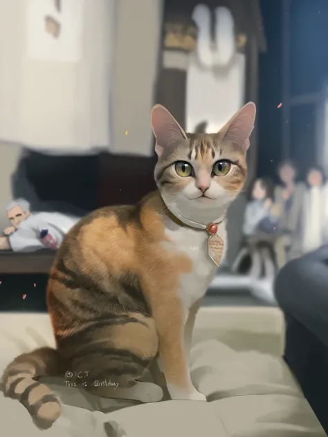 This cat is celebrating her 2nd birthday、It looks like they are being celebrated by a group of 2 20-year-old men and women