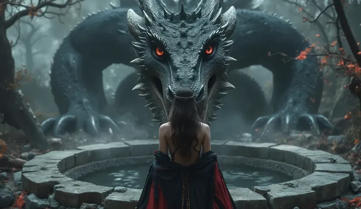 A gothic enchantress inspired by Megan Fox — pale luminous skin, deep blue eyes with a glint of danger, dark full lashes, long black wavy hair flowing down her bare shoulders. She wears a flowing black and crimson silk cloak barely held over her curves, re...